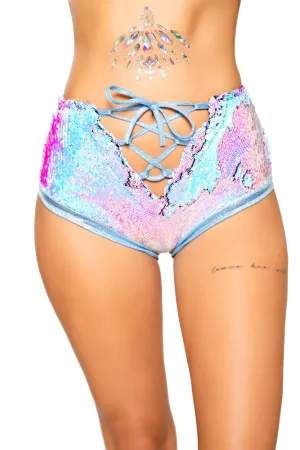 3720 - Two-Tone High-Waisted Lace-up Shorts
