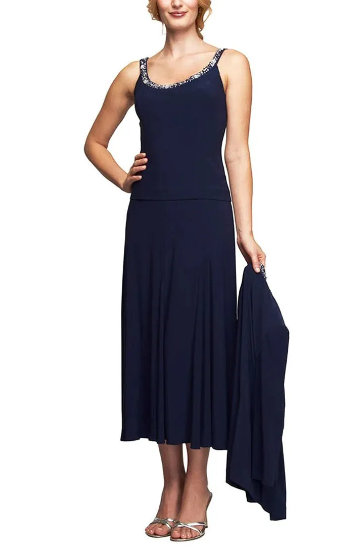 Alex Evenings Embellished Scoop Neck Sleeveless Popover A-line Matte Jersey Dress With Matching 3/4 Sleeve Jacket by Curated Brands