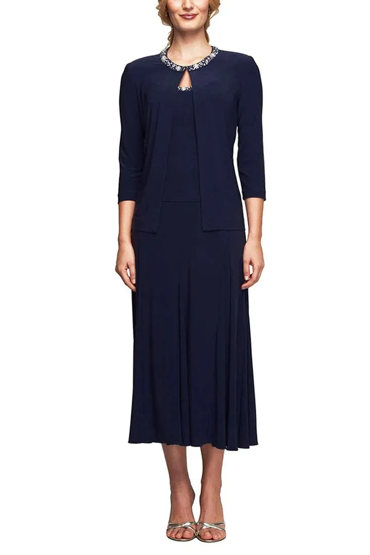 Alex Evenings Embellished Scoop Neck Sleeveless Popover A-line Matte Jersey Dress With Matching 3/4 Sleeve Jacket by Curated Brands
