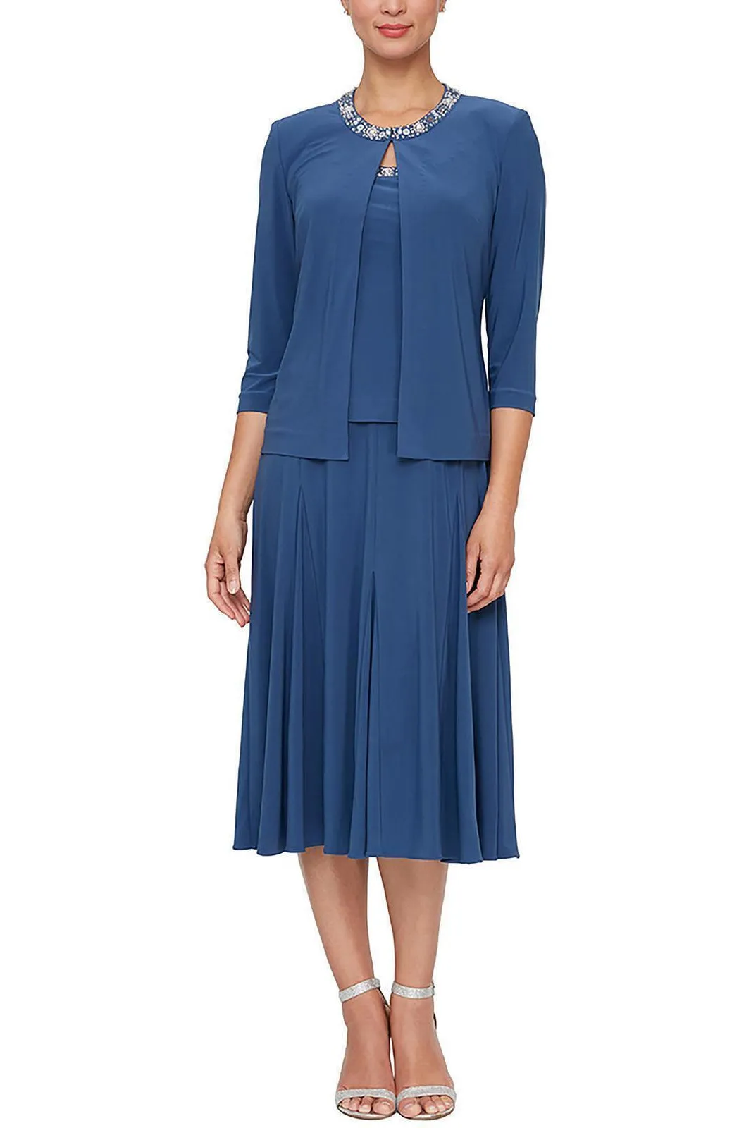 Alex Evenings Embellished Scoop Neck Sleeveless Popover A-line Matte Jersey Dress With Matching 3/4 Sleeve Jacket by Curated Brands