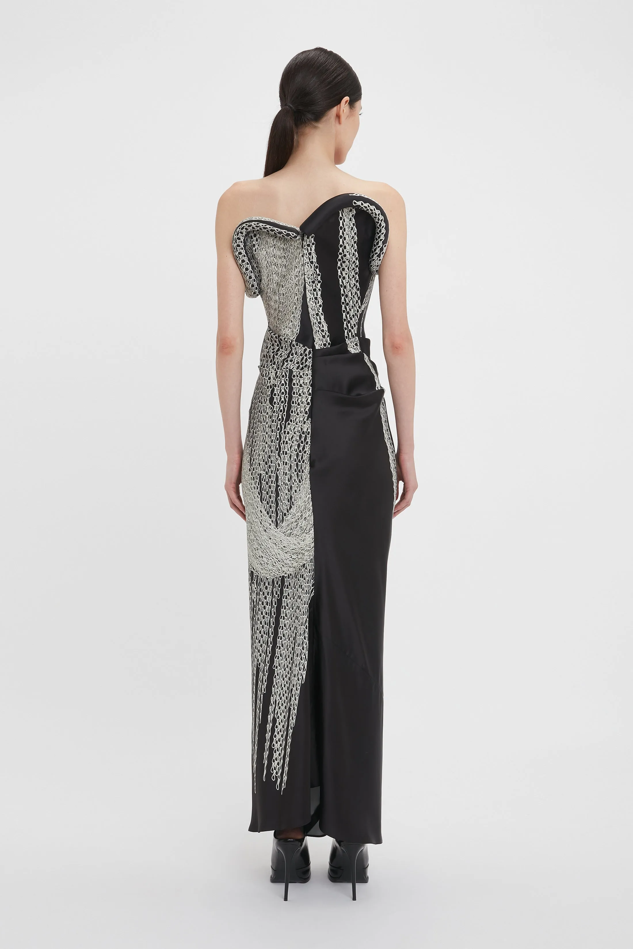 Asymmetric Corset Detail Gown In Black Chain Print