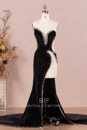 Black Asymmetric Plunging Cutout Sparkly Prom Unique Evening Dress