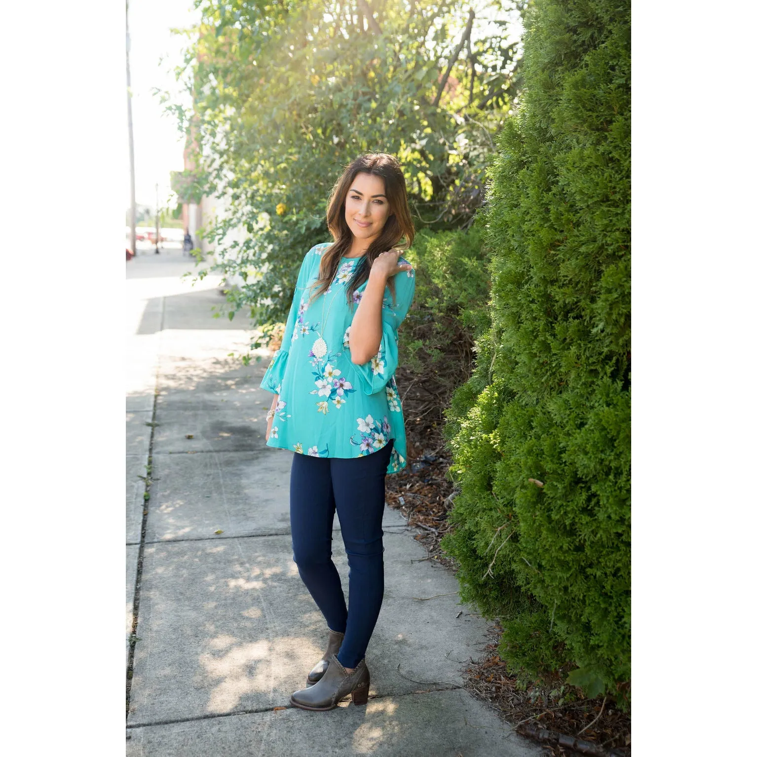 Blue Floral Flutter Blouse