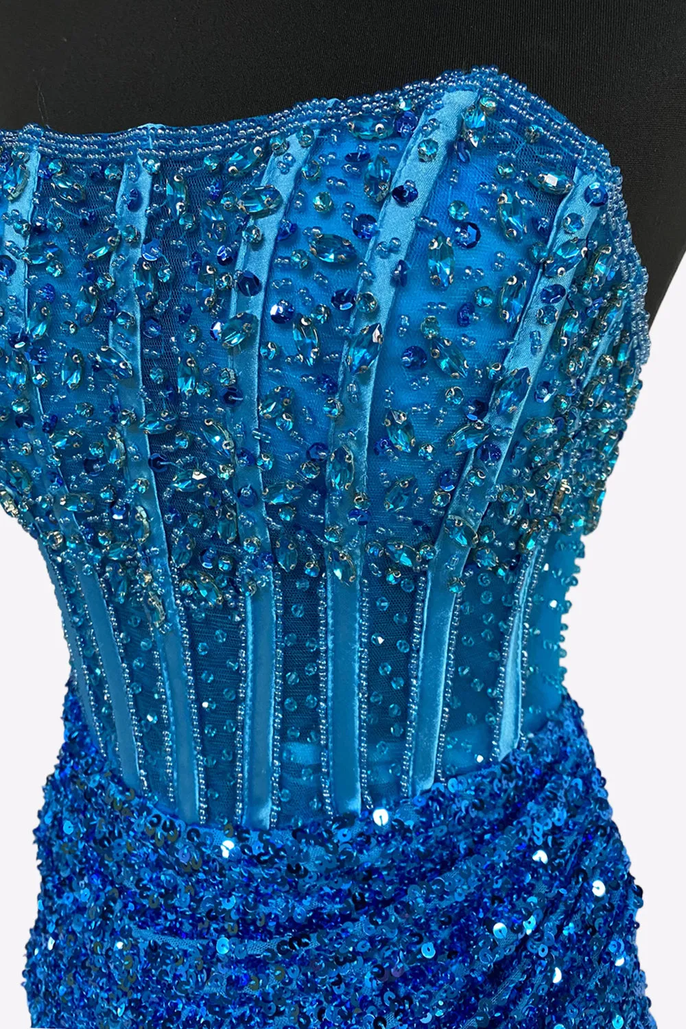 Blue Strapless Sequins Short Tight Homecoming Dresses with Beadings VK081402