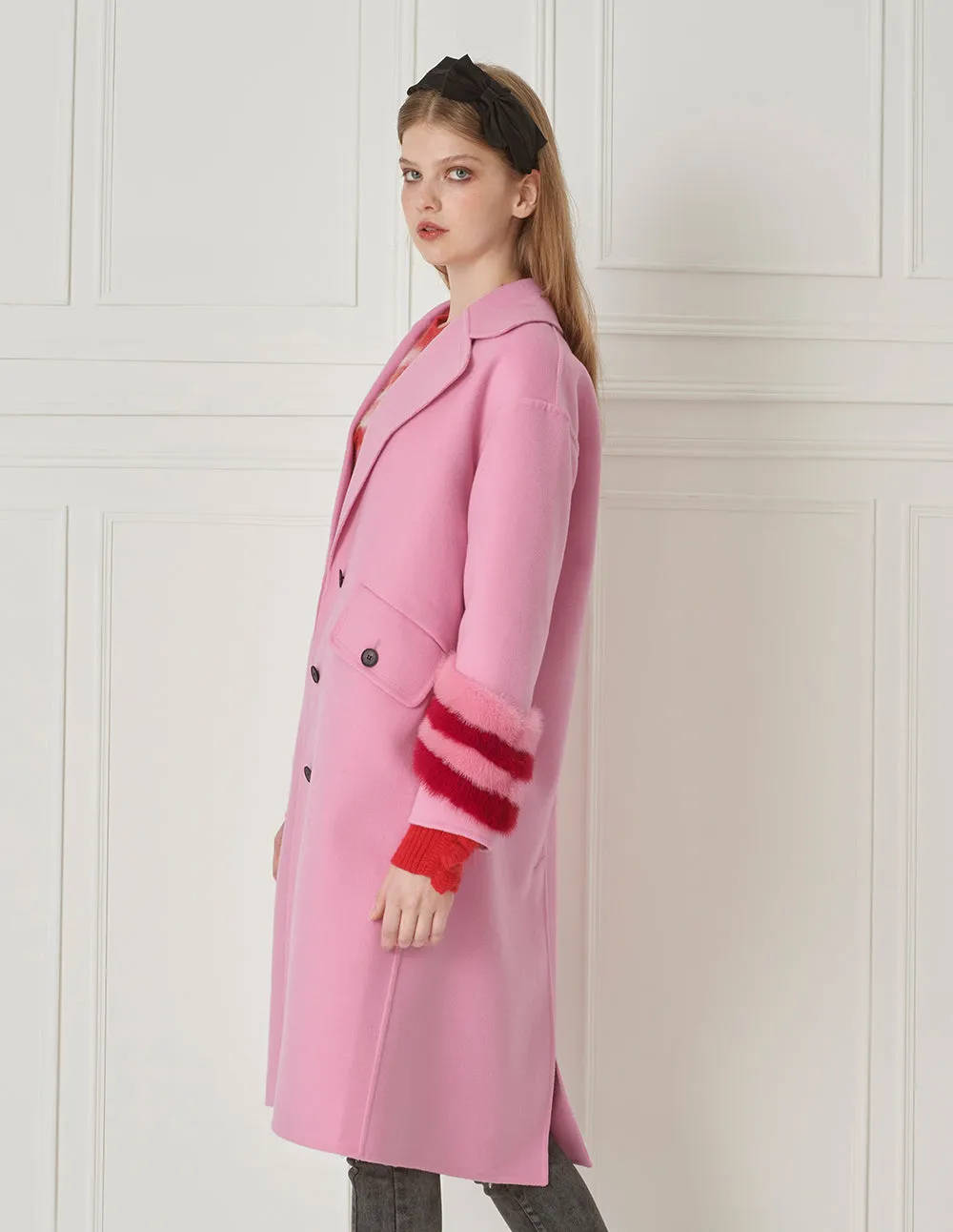 BORA AKSU Lapel Mink Fur Patchwork Sleeve Wool Coat