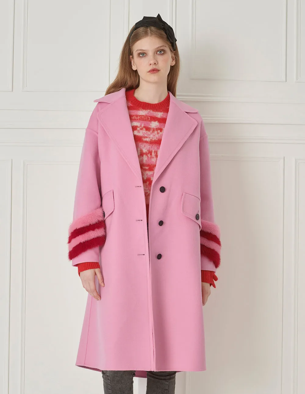BORA AKSU Lapel Mink Fur Patchwork Sleeve Wool Coat