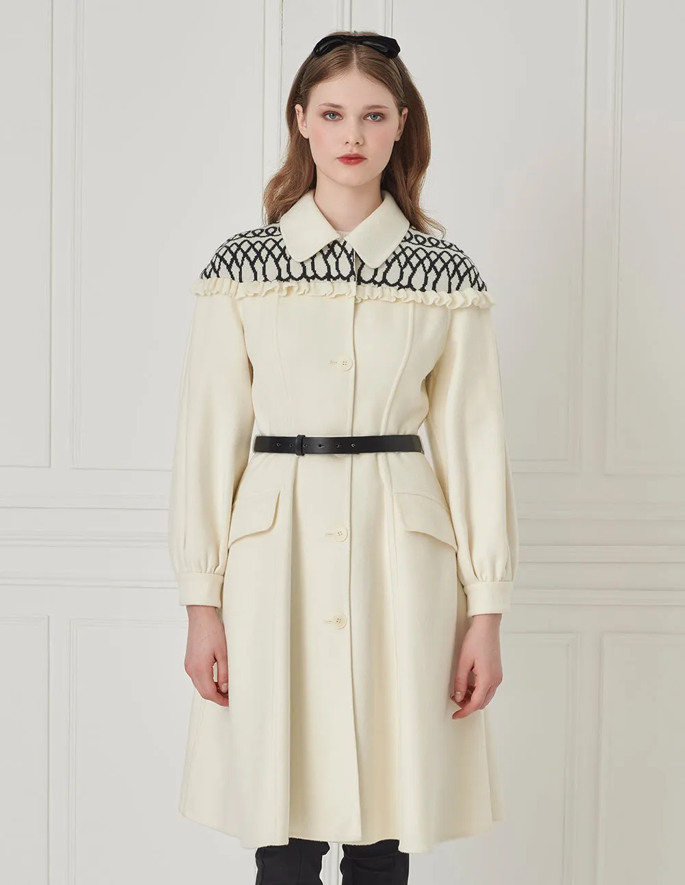 BORA AKSU Shirt-Collar Geometric Knitted Patchwork Fitted Umbrella Hem Coat