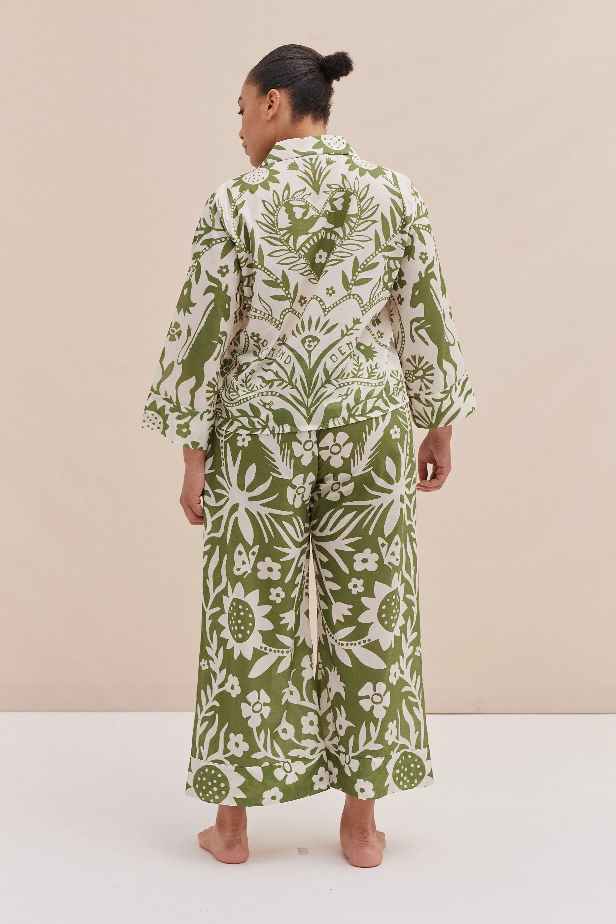 Boxy Shirt and Wide Leg Trouser Set Fabelei Print Green and Cream