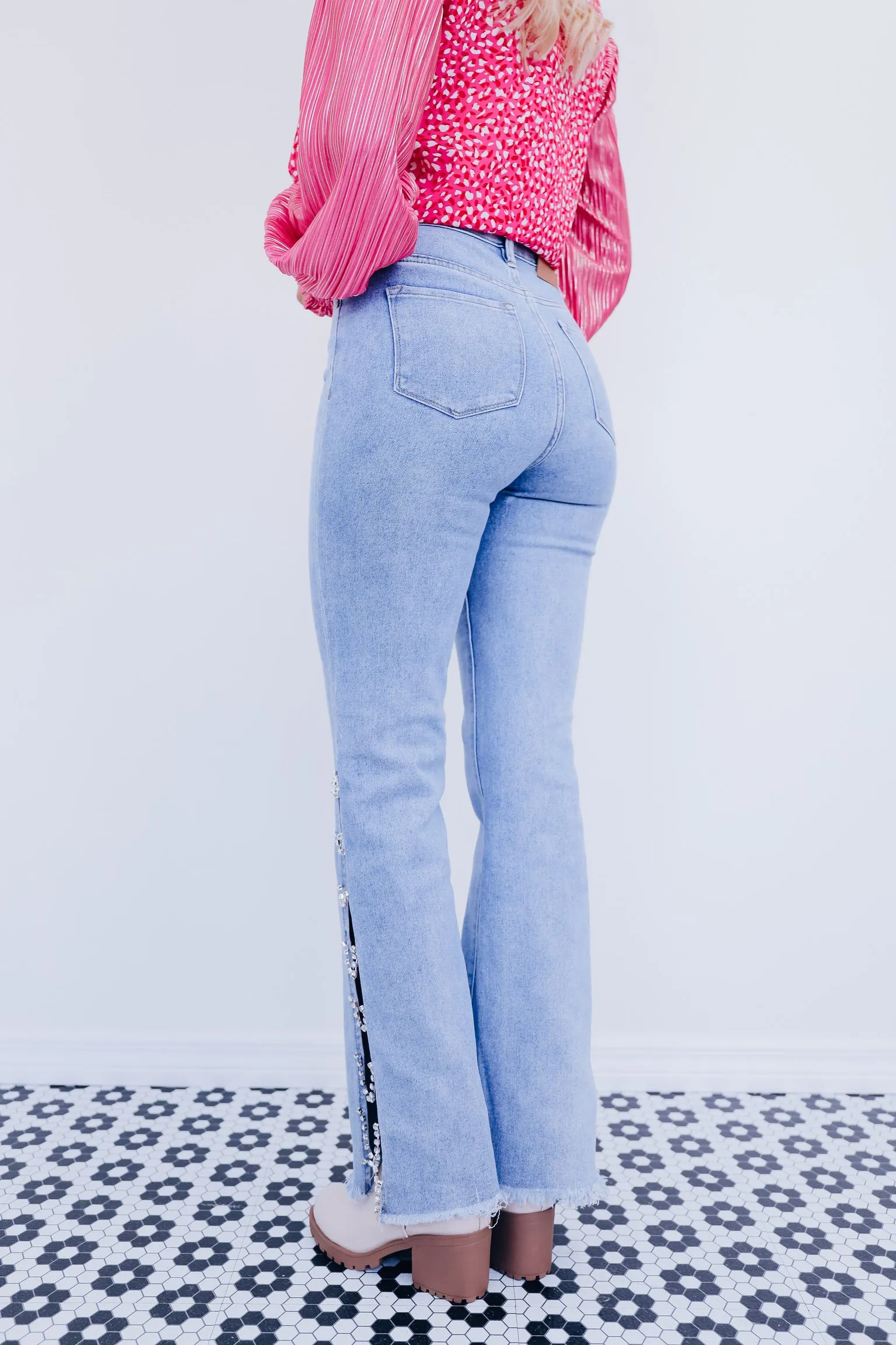 Crystal Side Slit High Rise Jeans