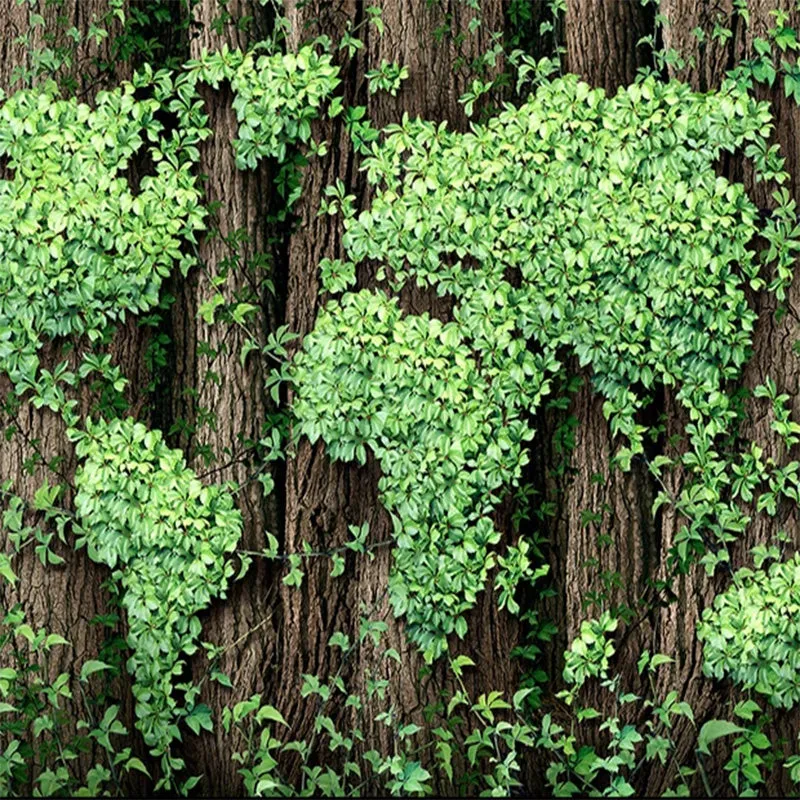 Custom Mural Wallpaper Creative Green Leaves World Map (㎡)