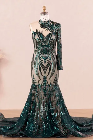 Dark Green One Sleeve Sparkly Sequin Mermaid Prom Dress