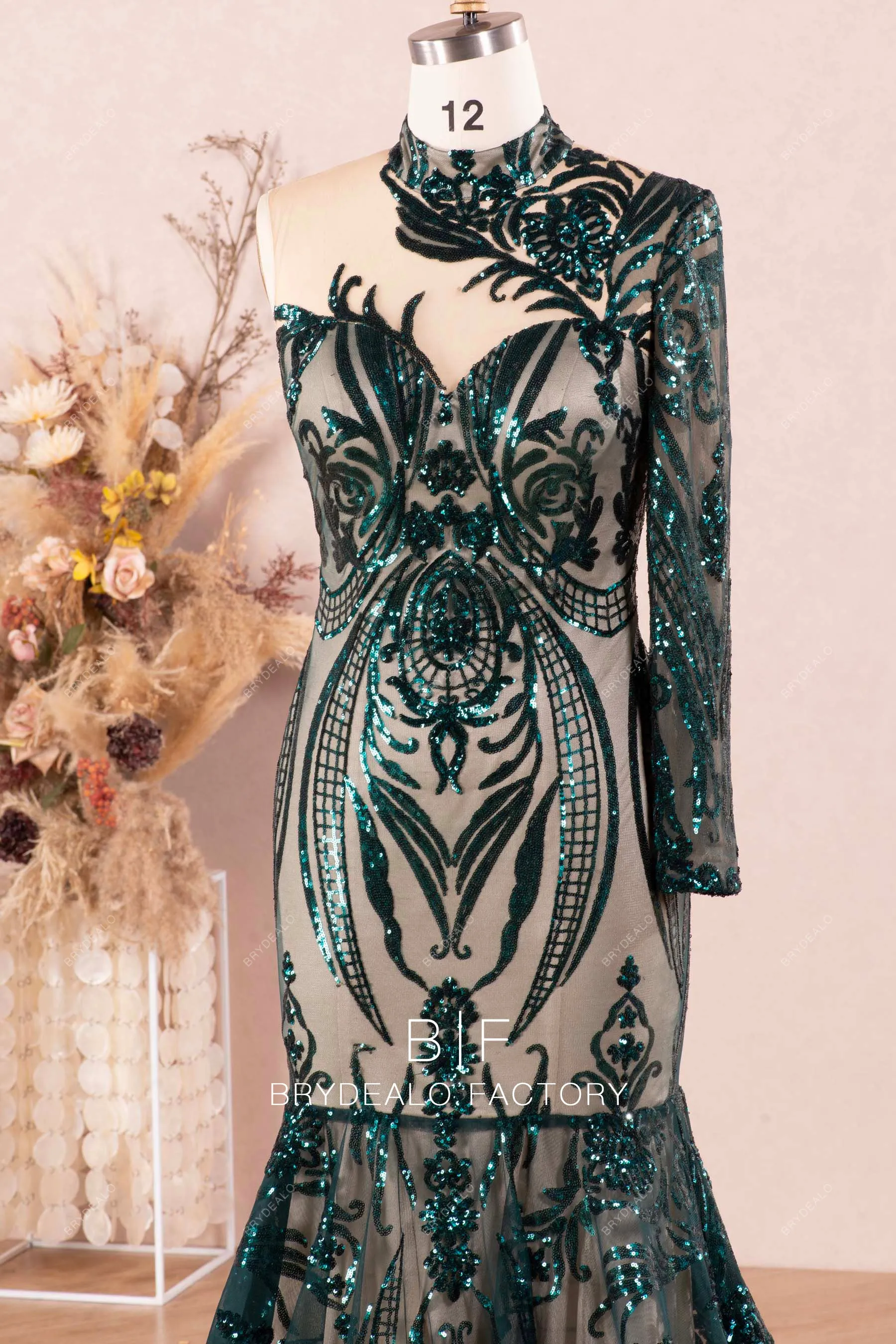Dark Green One Sleeve Sparkly Sequin Mermaid Prom Dress