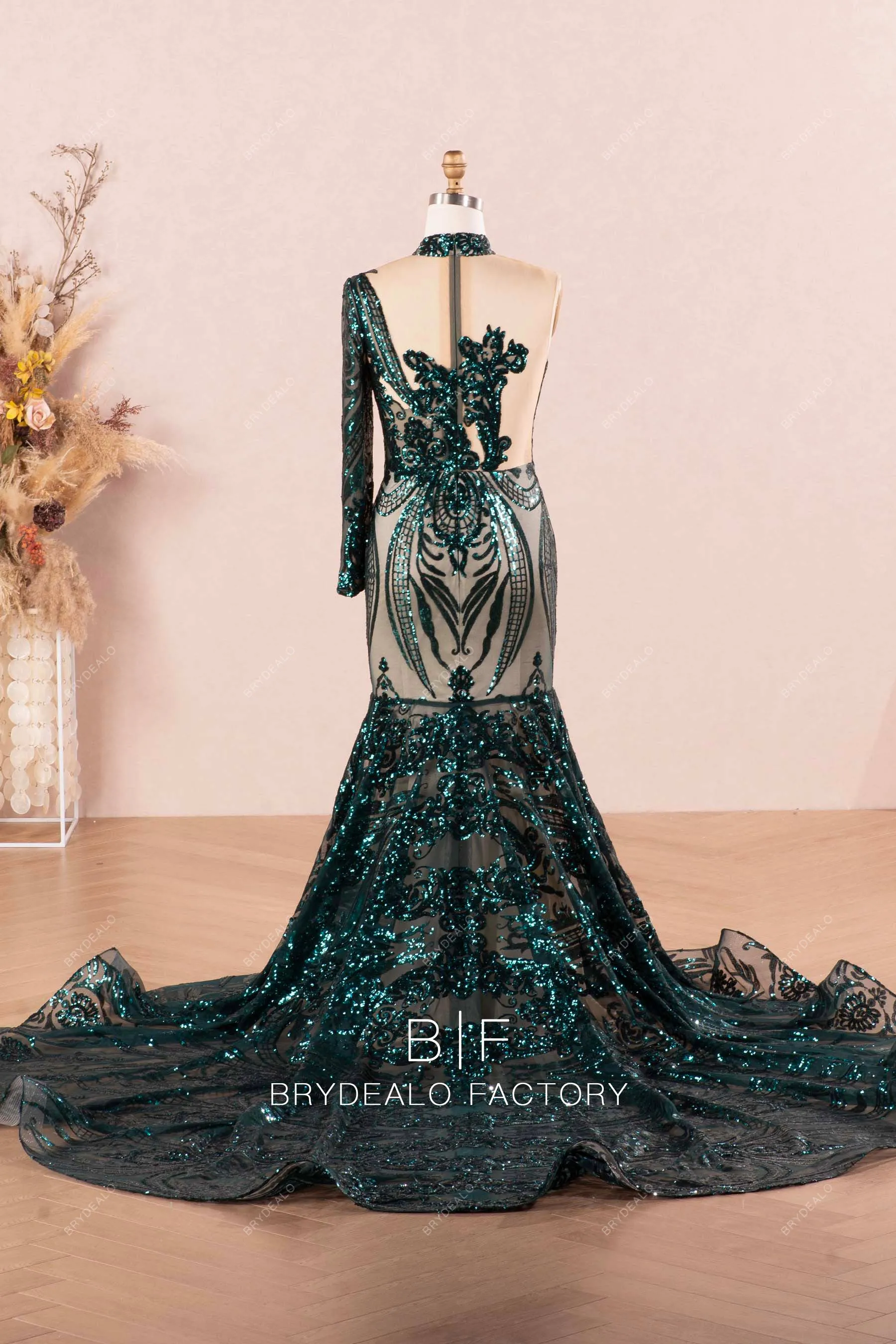 Dark Green One Sleeve Sparkly Sequin Mermaid Prom Dress