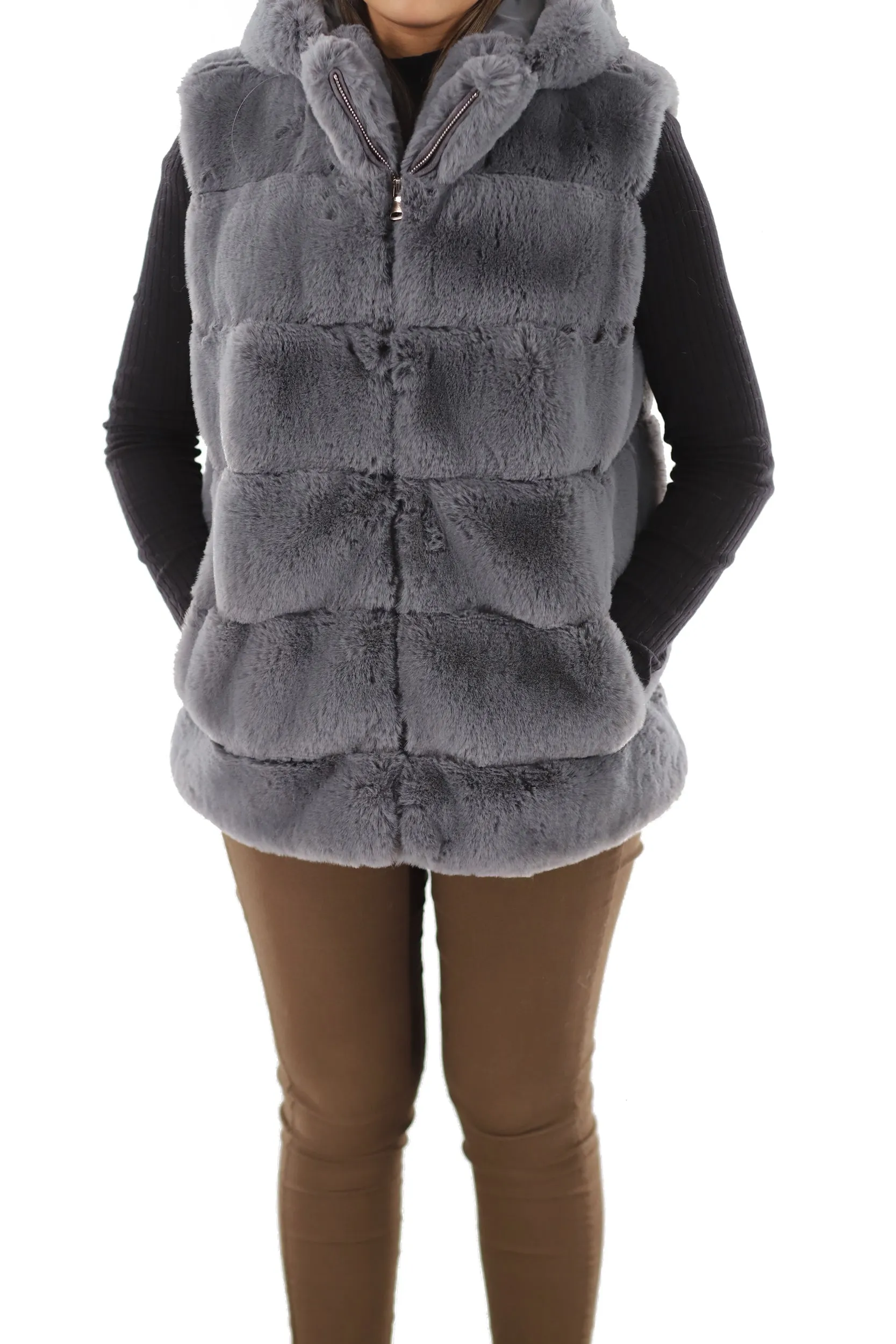 FAUX FUR HOODED VEST- GREY