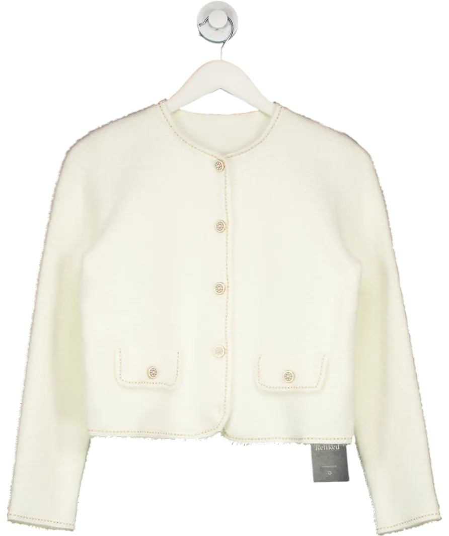 Goelia Cream Fluffy Round Neck Jacket With Embellished Buttons UK S