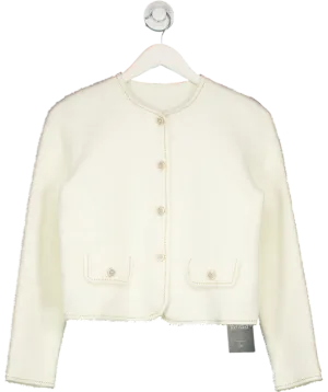 Goelia Cream Fluffy Round Neck Jacket With Embellished Buttons UK S