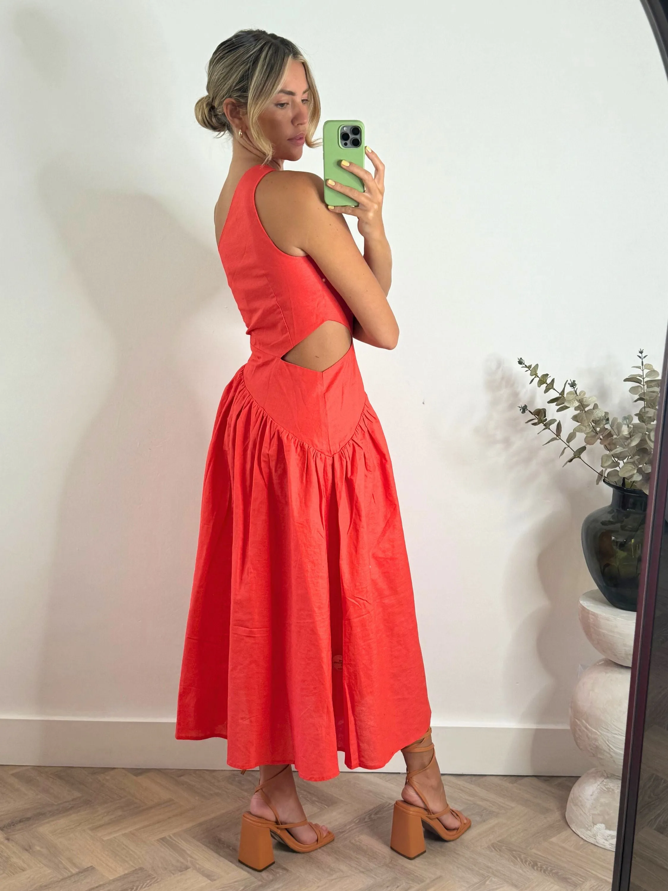 Jasmine Cut Out One Shoulder Dress in Coral