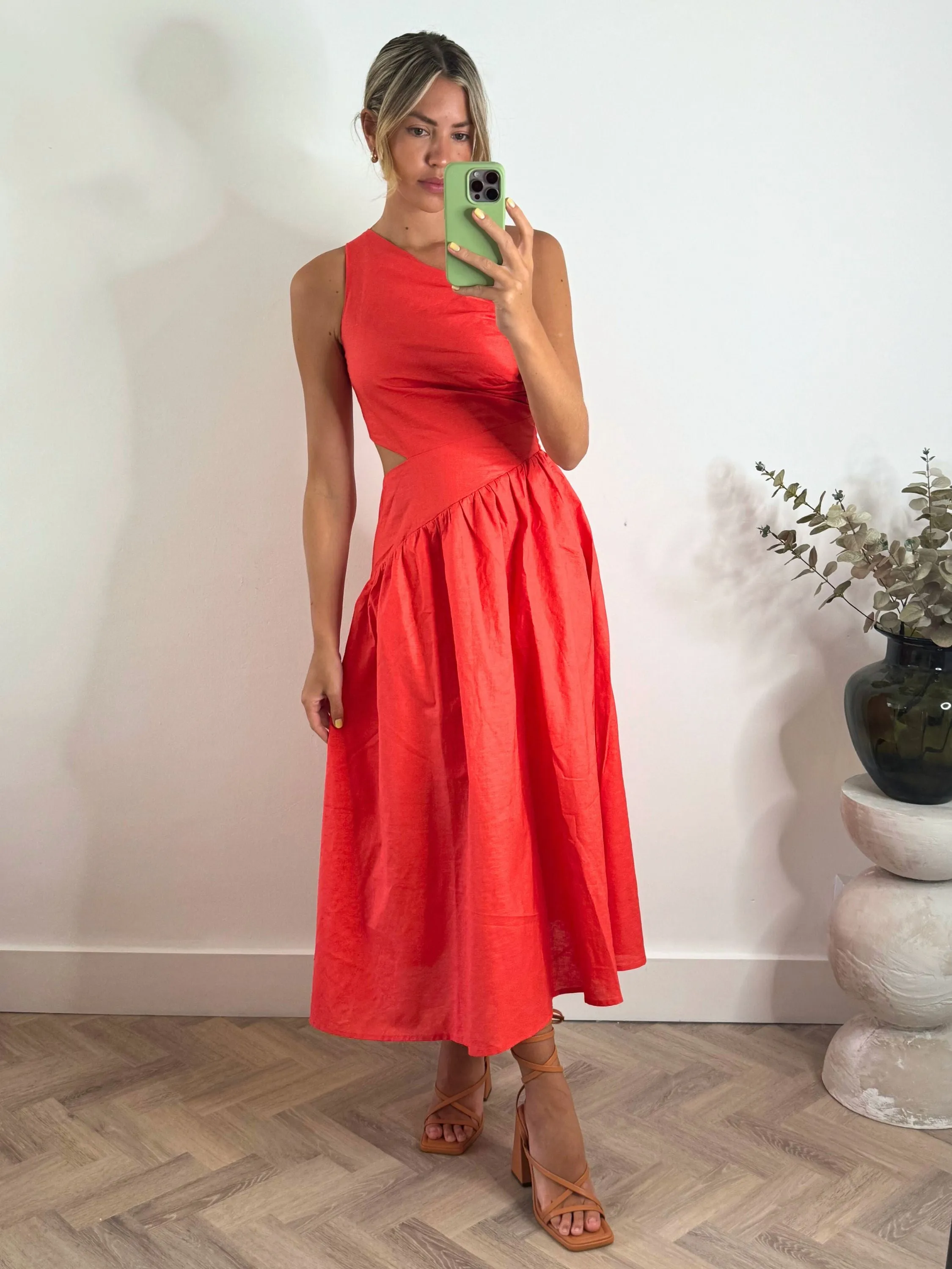 Jasmine Cut Out One Shoulder Dress in Coral