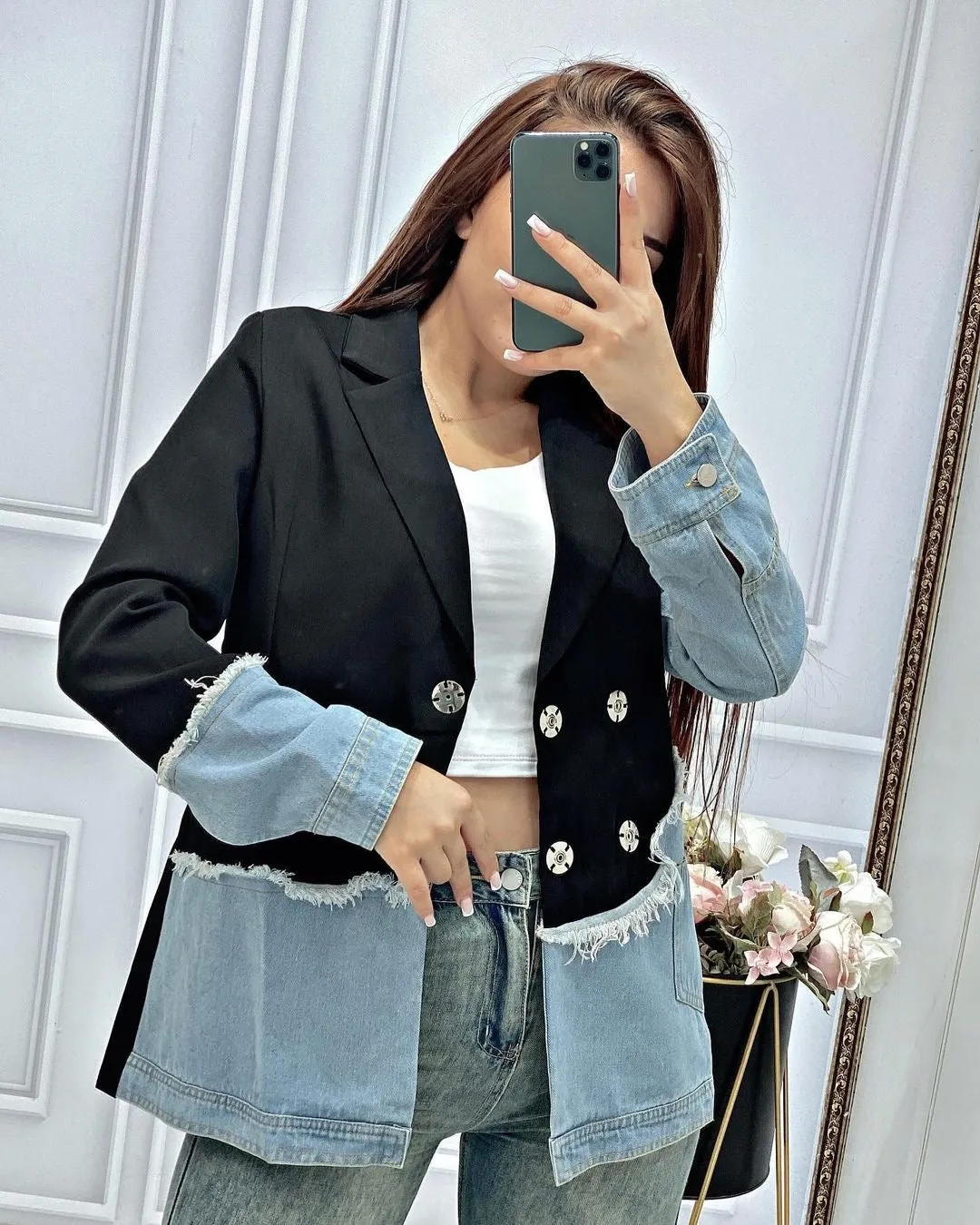 Jenna Asymmetric Denim Patchwork Blazer
