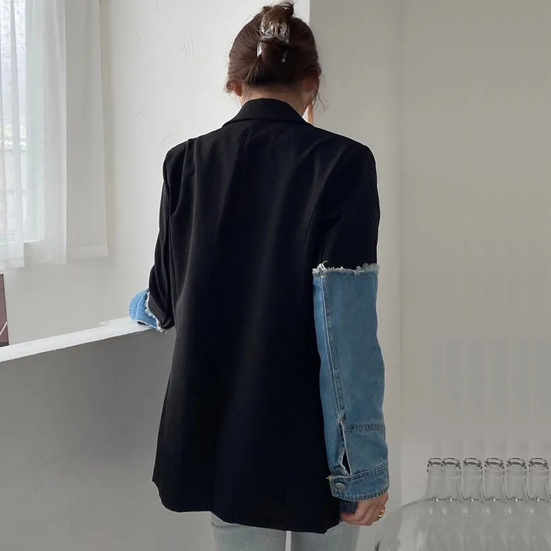 Jenna Asymmetric Denim Patchwork Blazer