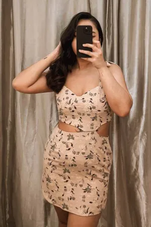 Kirone Floral Bustier Cutout Dress in Cream