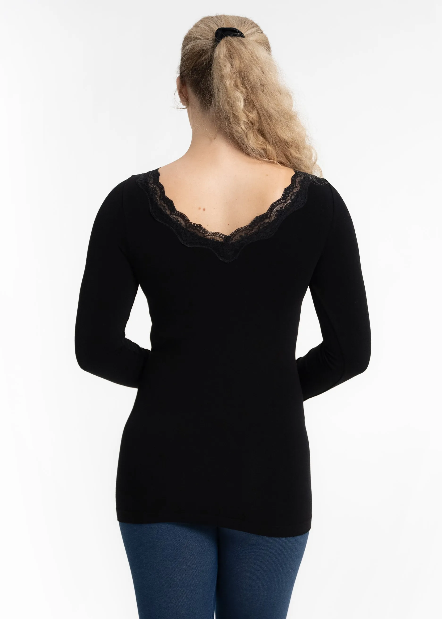 Lace Trim V-Neck Long Sleeve Top