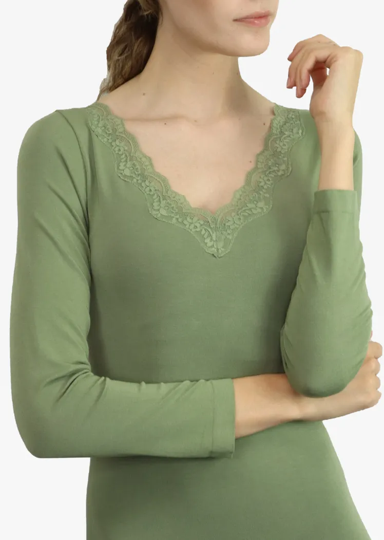 Lace Trim V-Neck Long Sleeve Top