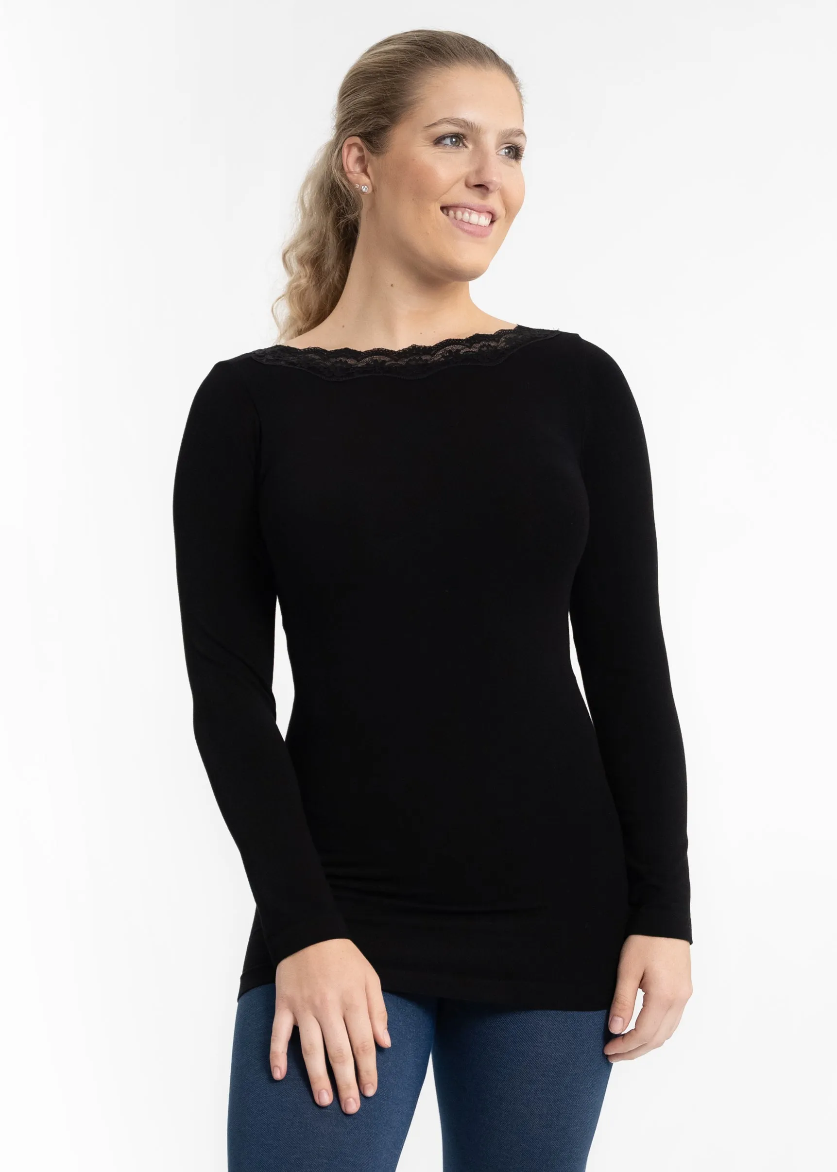 Lace Trim V-Neck Long Sleeve Top