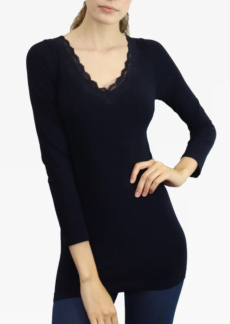 Lace Trim V-Neck Long Sleeve Top