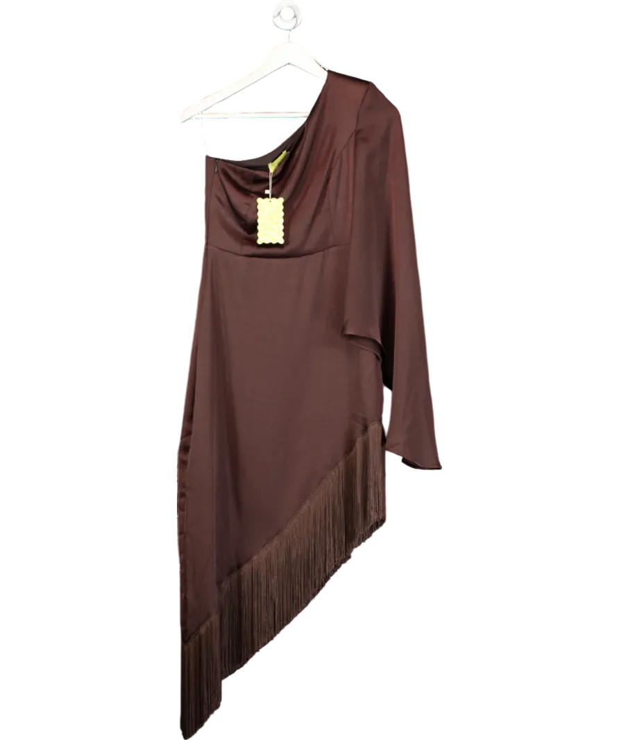 Lady Pippa Brown Asymmetric Satin Dress With Fringe Trim UK XS