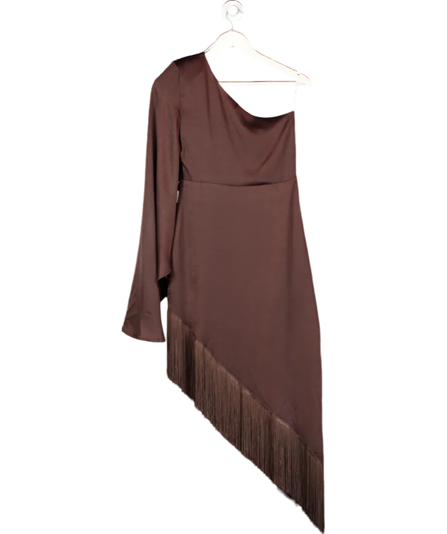 Lady Pippa Brown Asymmetric Satin Dress With Fringe Trim UK XS