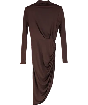 Mimii London Brown Asymmetric Ruched Long Sleeve Dress UK XS