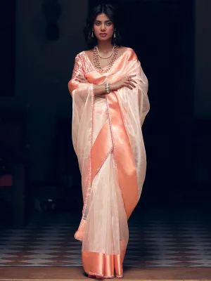 Peach Organza Woven Saree
