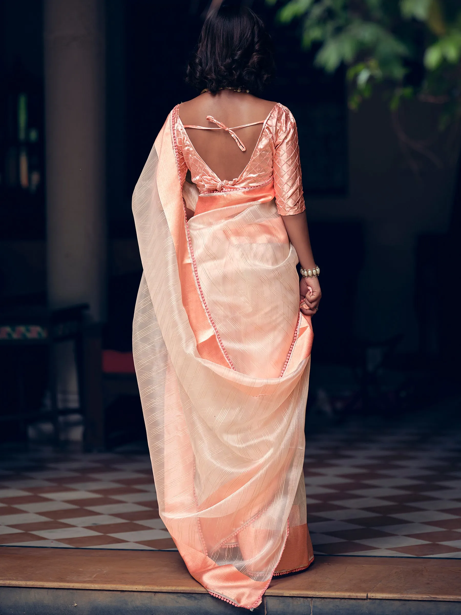 Peach Organza Woven Saree