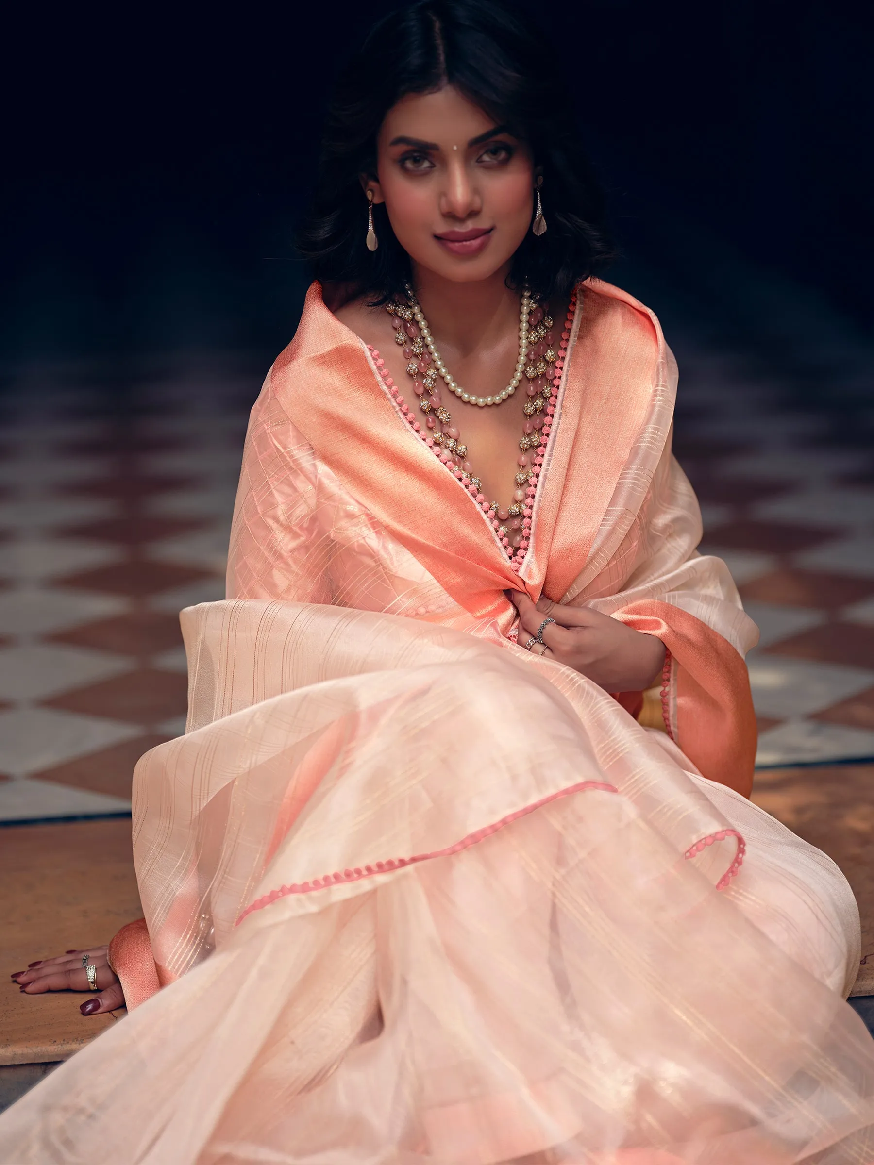 Peach Organza Woven Saree