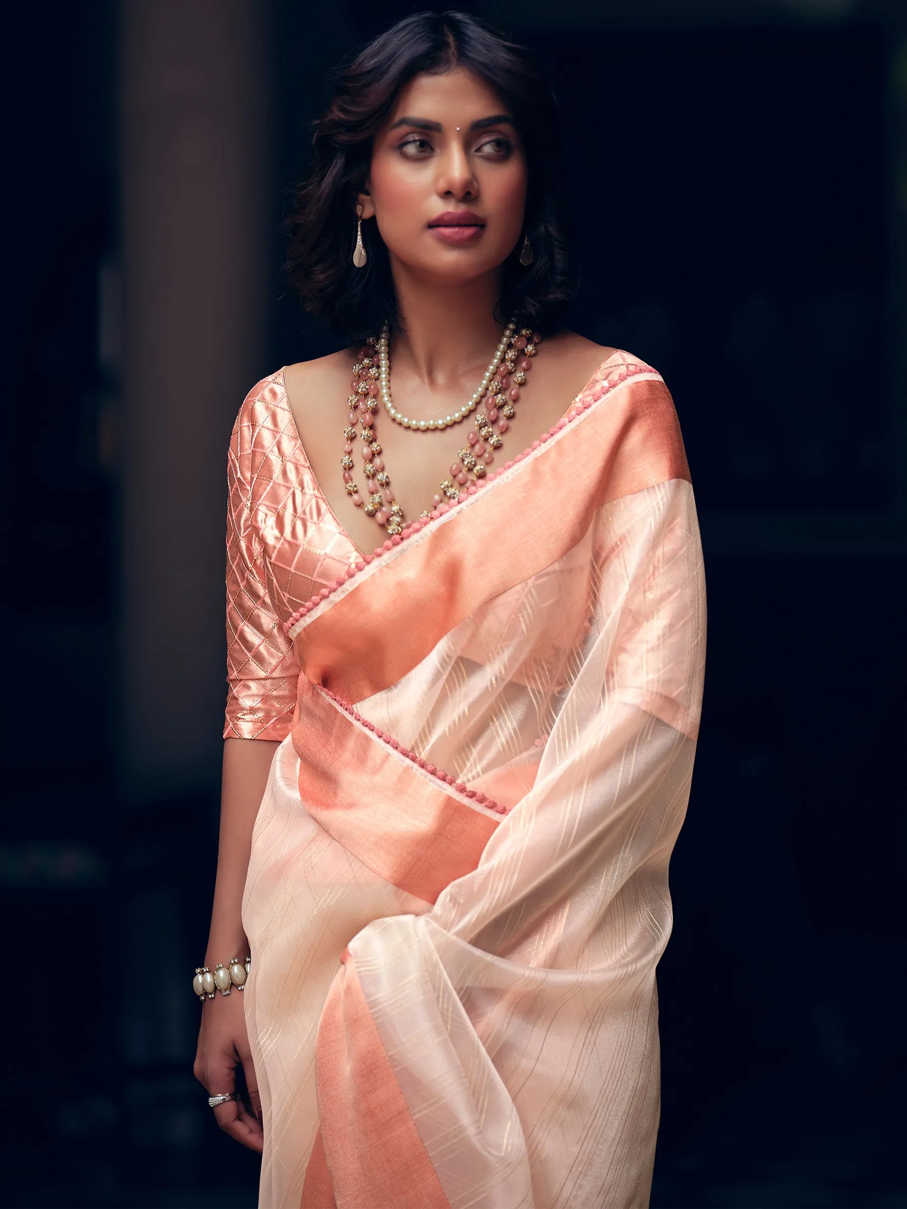 Peach Organza Woven Saree