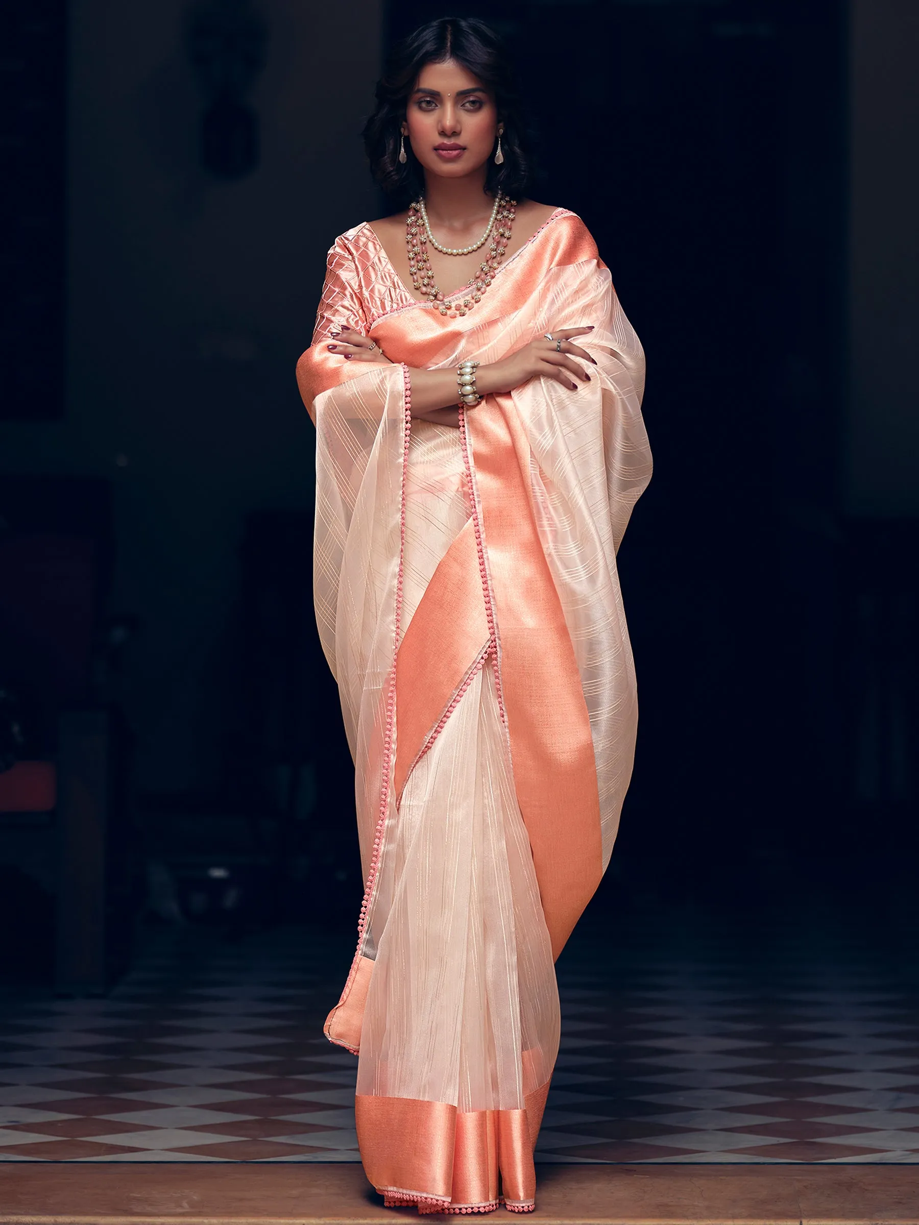 Peach Organza Woven Saree