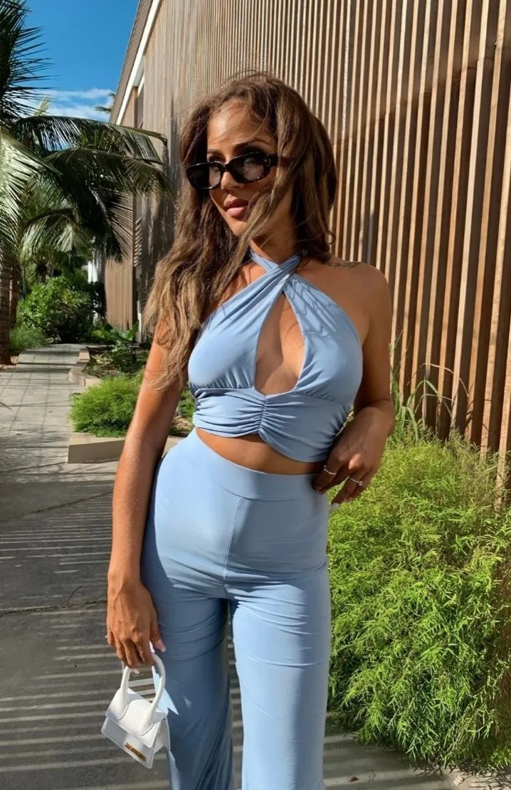 Powder Blue Slinky Halterneck Crop Top & Wide Leg Trousers