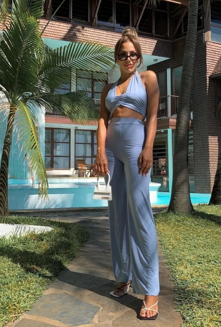 Powder Blue Slinky Halterneck Crop Top & Wide Leg Trousers
