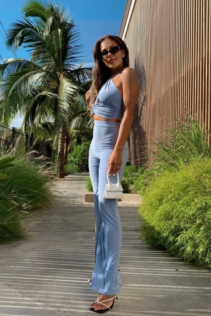Powder Blue Slinky Halterneck Crop Top & Wide Leg Trousers