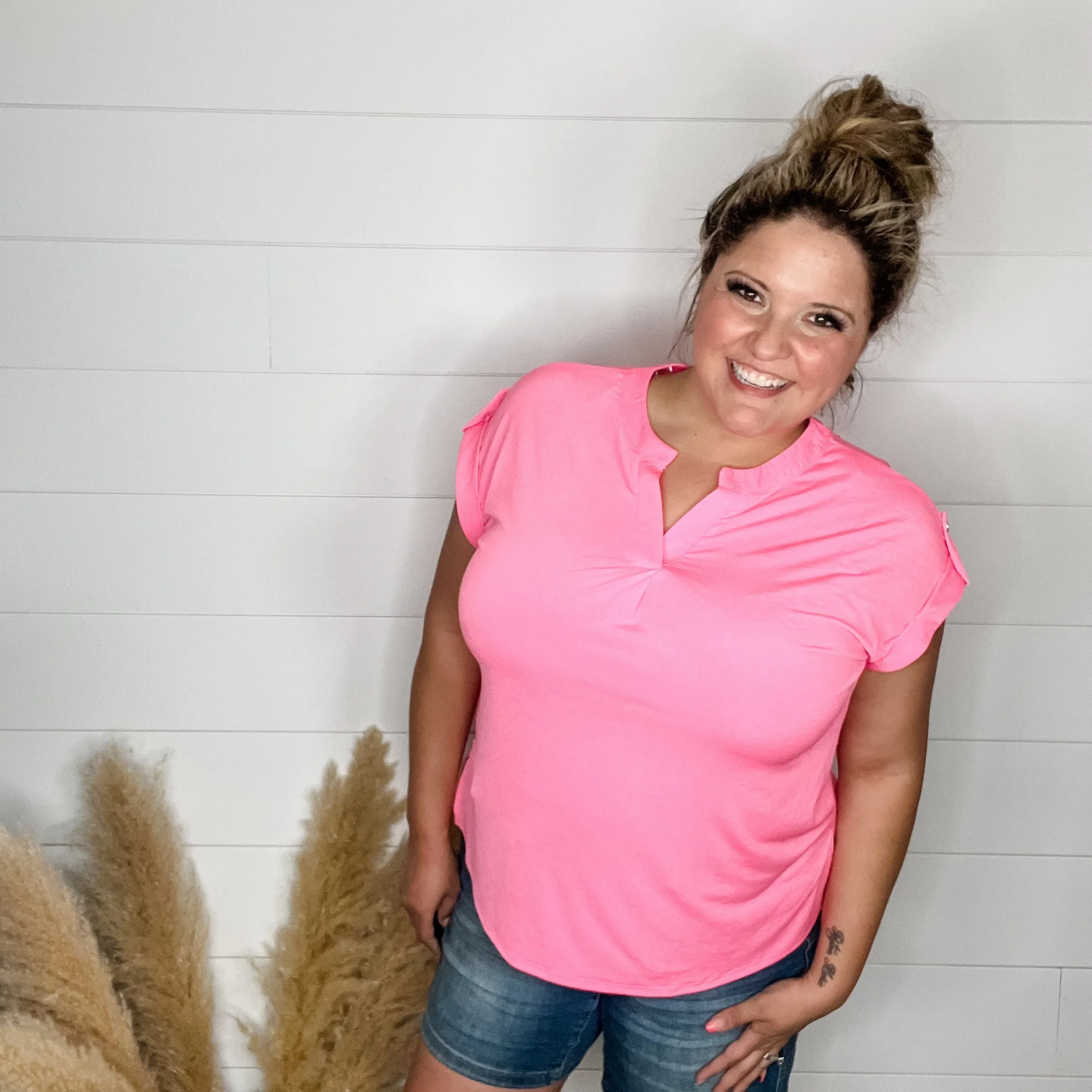 "Dare" Solid Split Neck Cuffed Short Sleeve (Neon Pink)