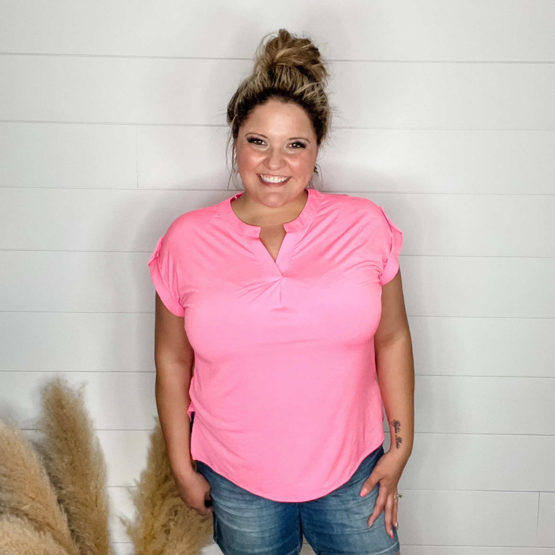 "Dare" Solid Split Neck Cuffed Short Sleeve (Neon Pink)