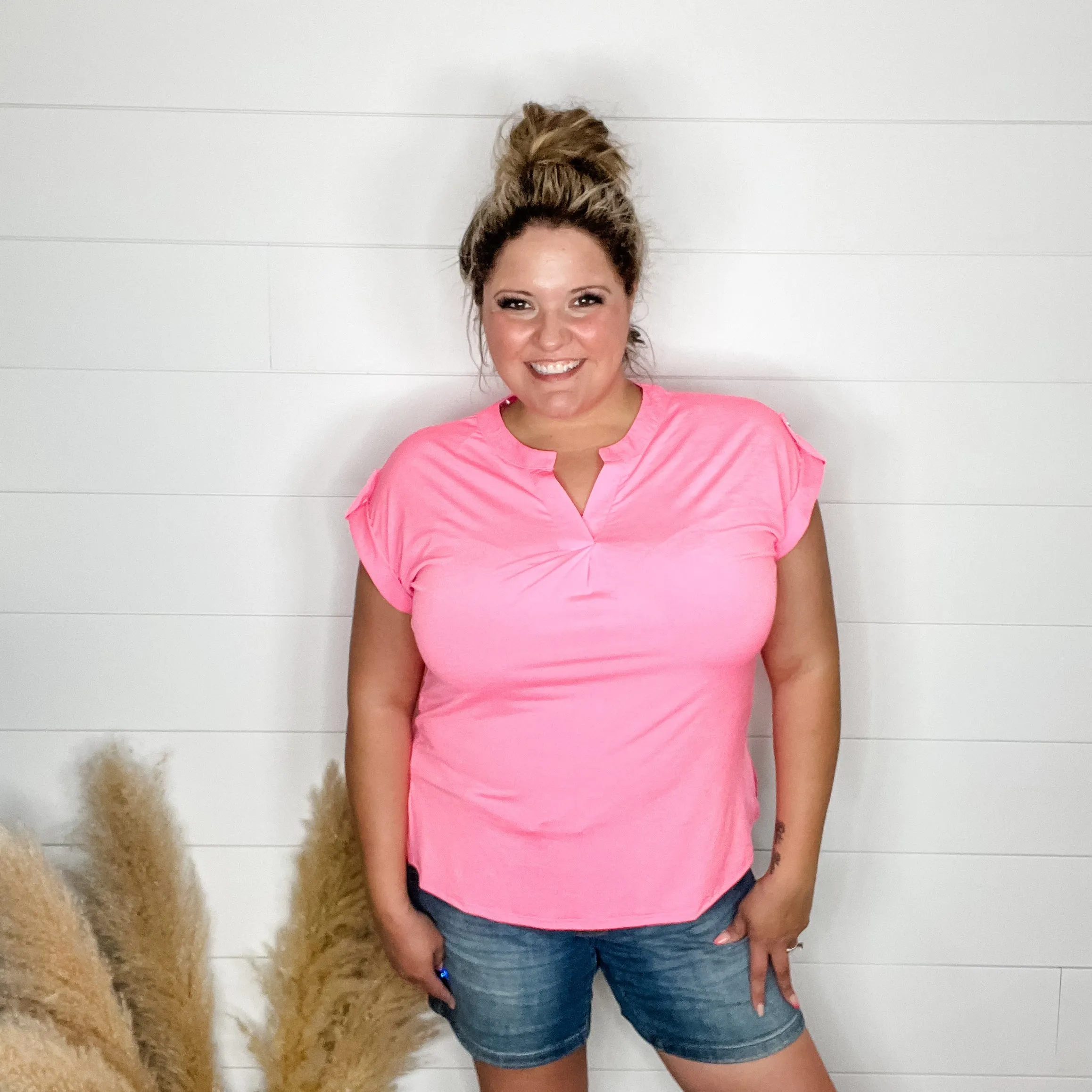 "Dare" Solid Split Neck Cuffed Short Sleeve (Neon Pink)