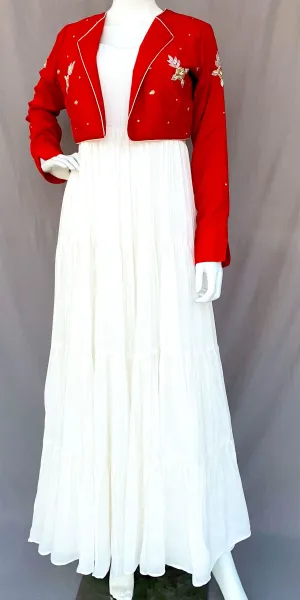 Red Hand Embroidered Jacket with White Flared Four Tiered Pure Muslin Long Dress