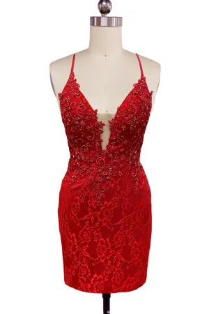 Red V Neck Lace Short Tight Homecoming Dresses with Beadings VK081406