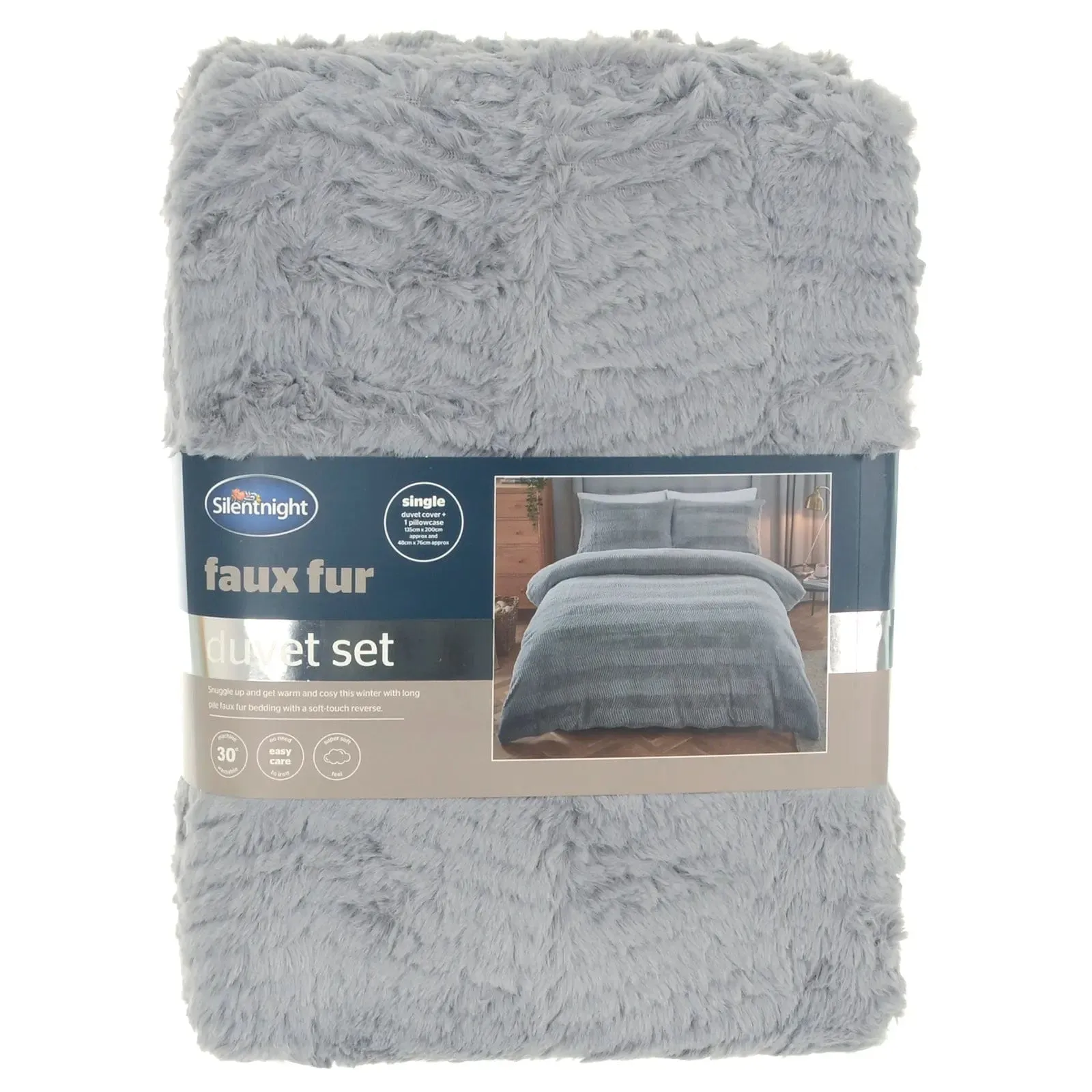 Silentnight Faux Fur Duvet Set Grey Long Pile Easy Care