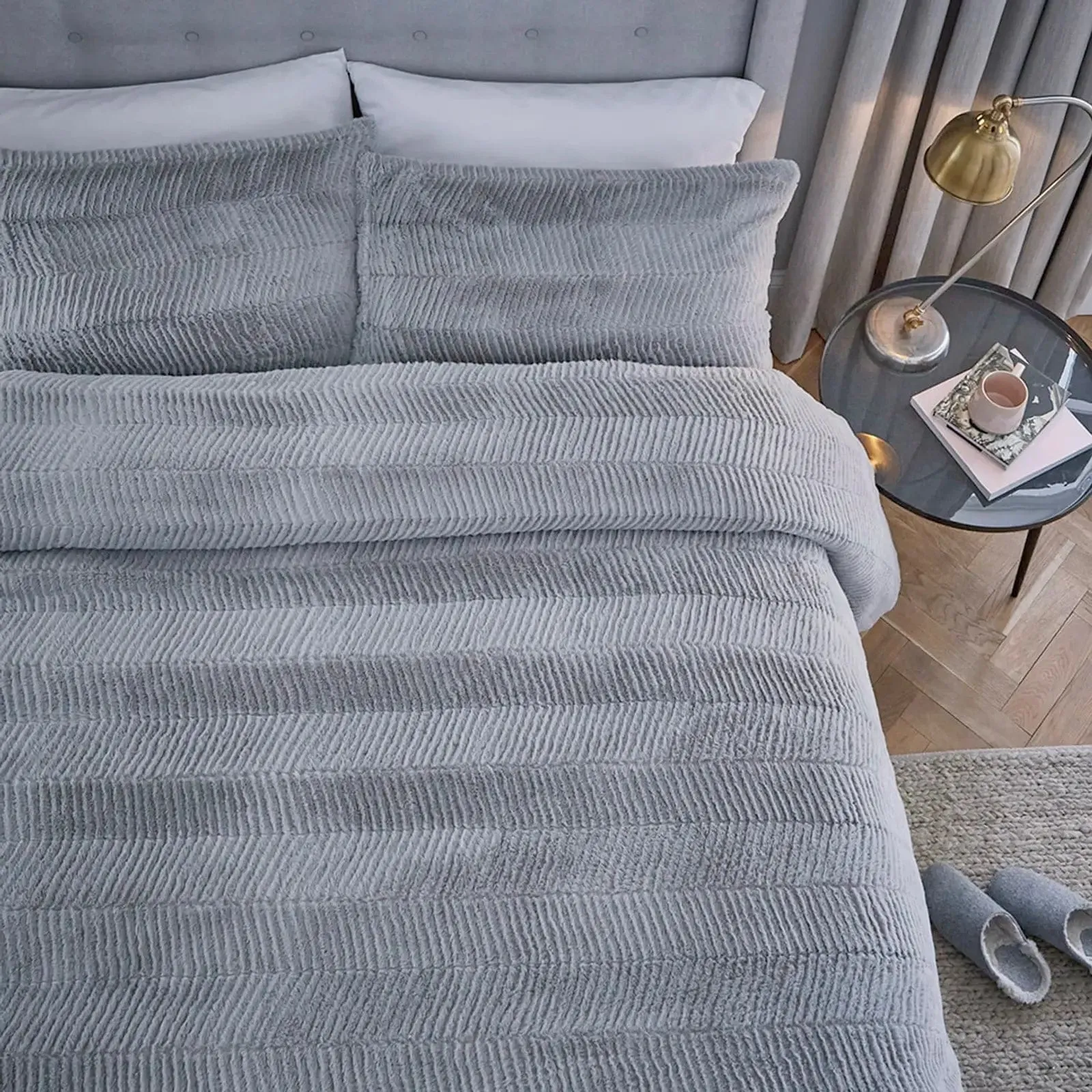 Silentnight Faux Fur Duvet Set Grey Long Pile Easy Care
