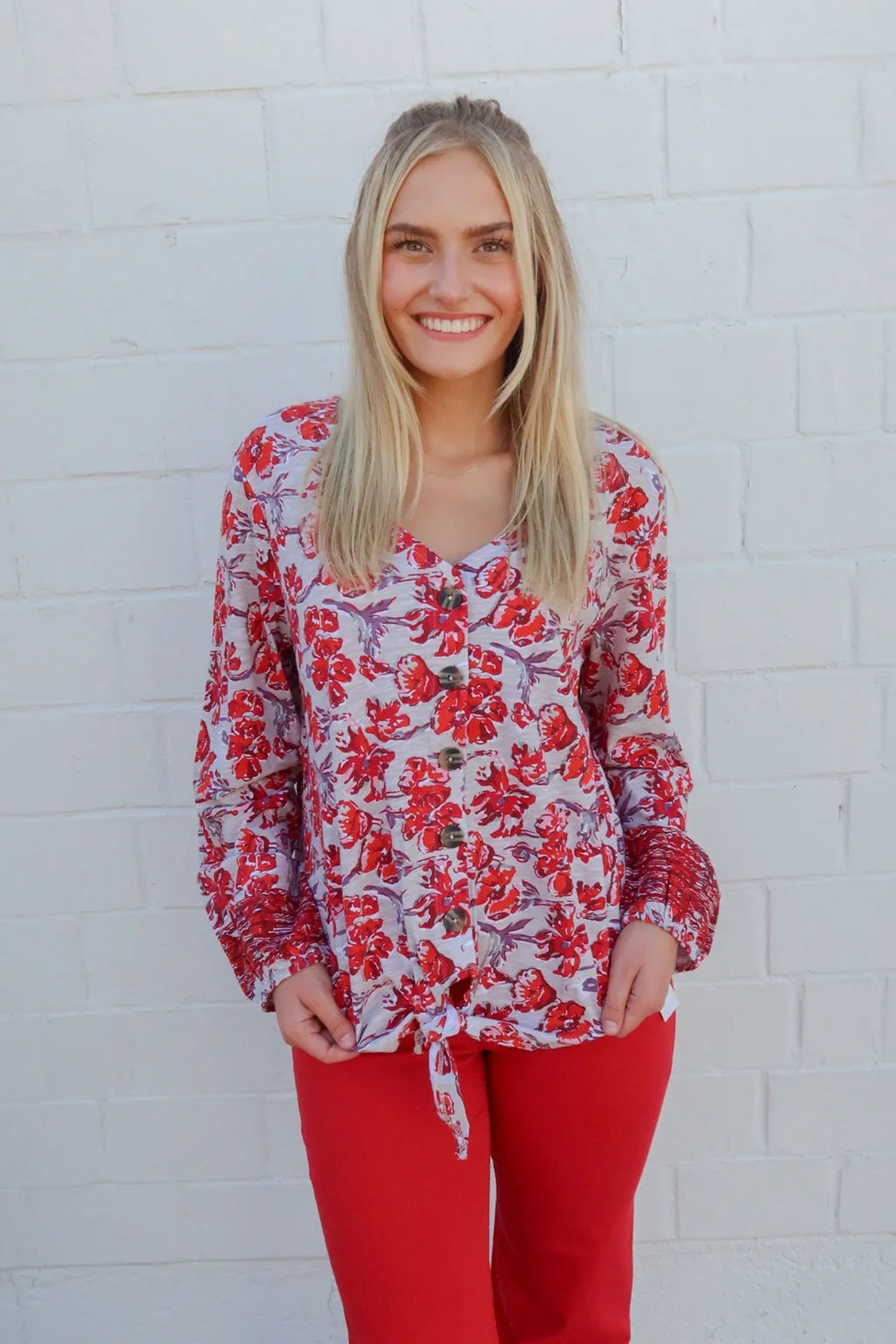 Tribal Brand Scarlet Printed Button Up Blouse With Tie Hem