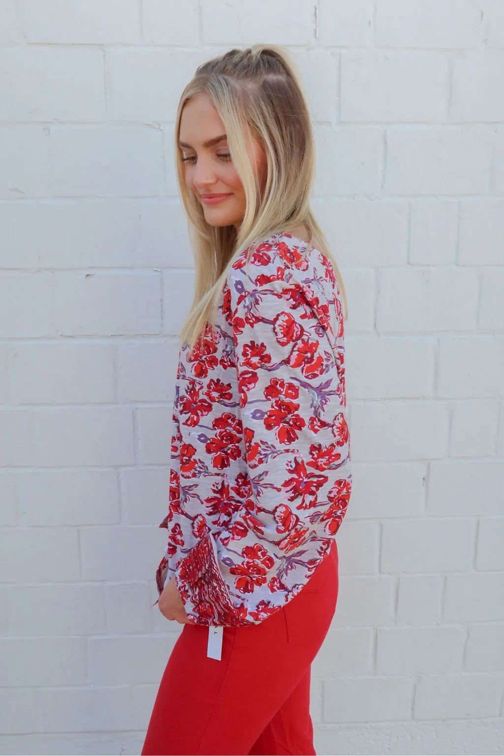 Tribal Brand Scarlet Printed Button Up Blouse With Tie Hem