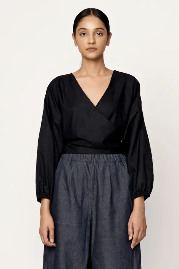 V-neck Wrap Blouse - Black